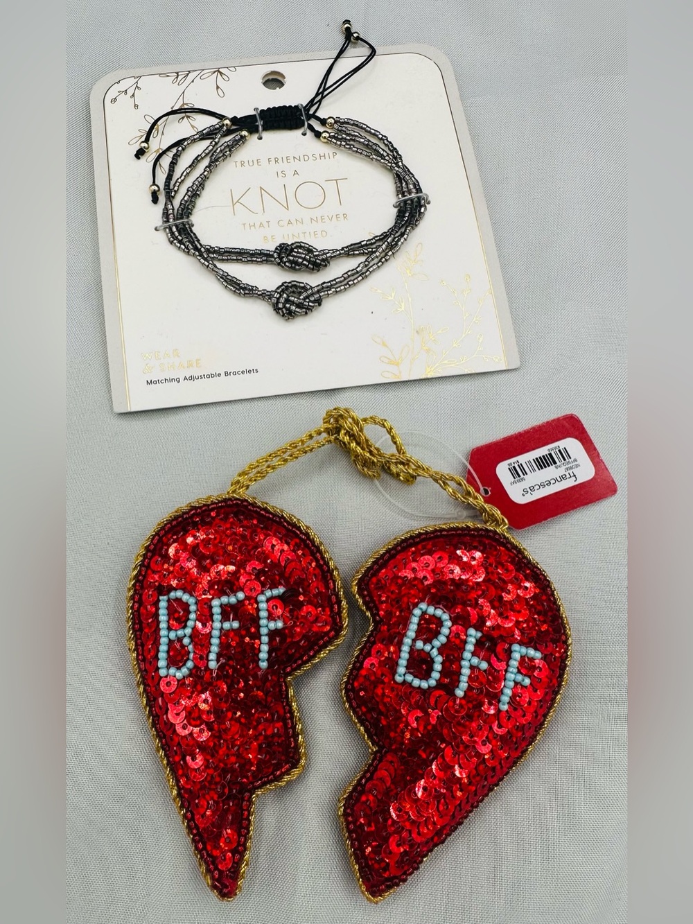 BFF Matching Gift Bundle | Sequin Heart Ornaments & Adjustable Knot Bracelets